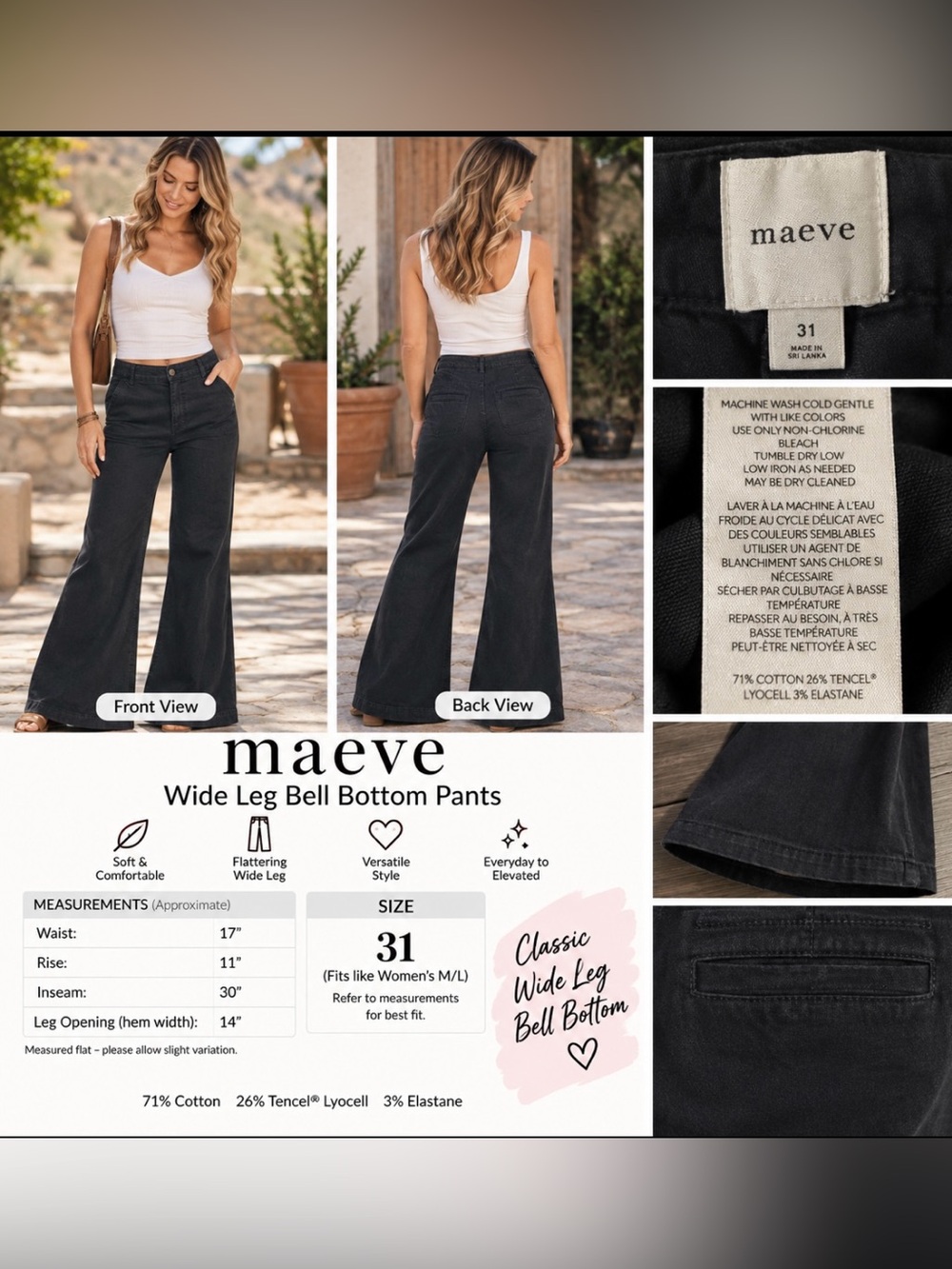 Maeve Black Wide Leg Bell Bottom Jeans